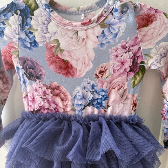 Posh Peanut Floral Long Sleeve Bodysuit w Purple Tulle Skirt in Annie print 3-6 - Picture 3 of 6